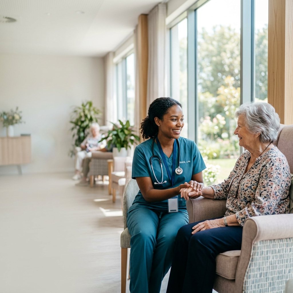A Carebound nurse caring for an elderly patient in a bright care facility