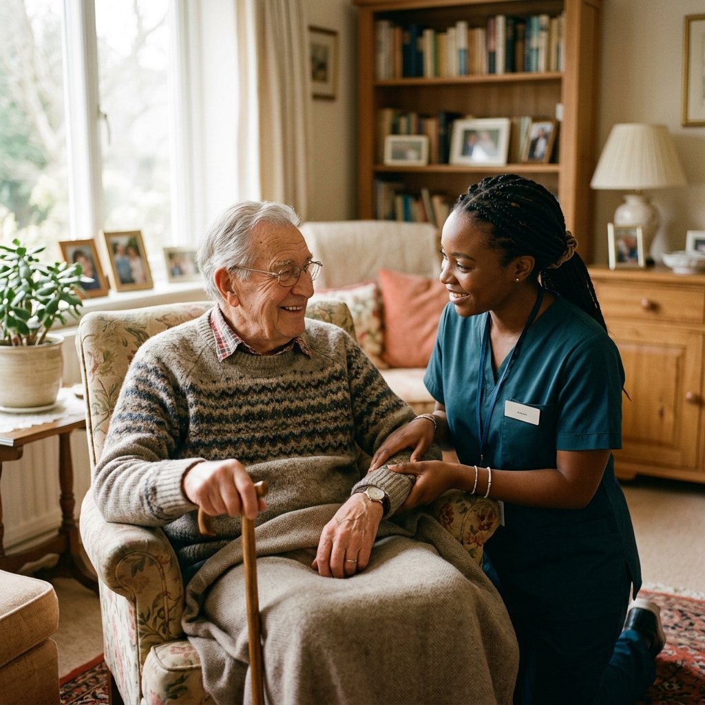 A Carebound home health aide assisting an elderly client at home