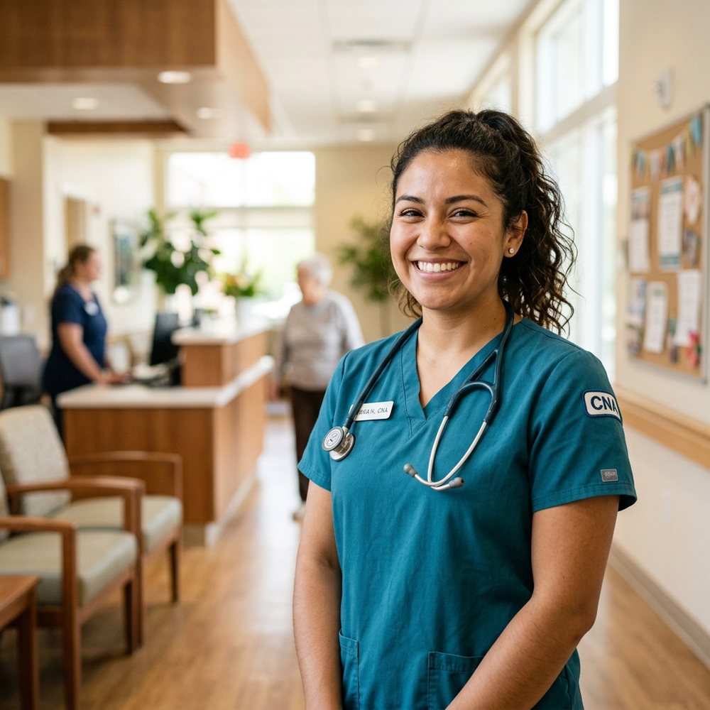 A smiling Carebound certified nurse aide in teal scrubs