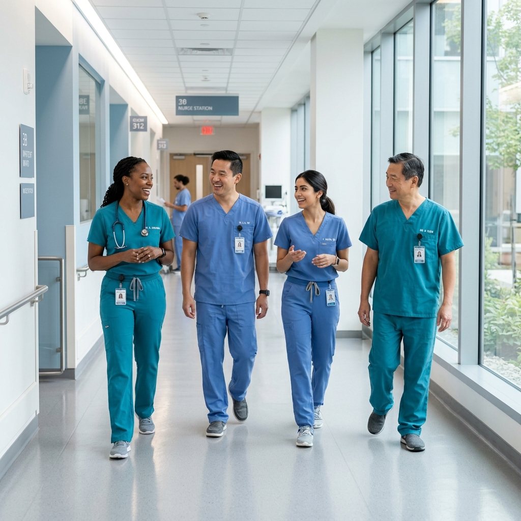 A diverse Carebound care team in a modern facility